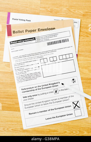 UK. 9th June, 2016. Postal voting ballot paper for the United Kingdom referendum on European Union membership Credit:  Stephen French/Alamy Live News Stock Photo