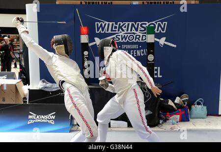 London, UK. 9th June, 2016. British Fencing pop-up event at Waterloo Station, London, Britain Credit:  Dorset Media Service/Alamy Live News Stock Photo