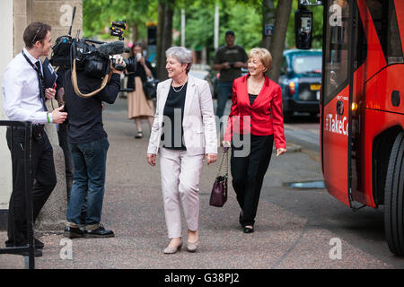 London, UK. 9th June, 2016. Gisela Stuart and Andrea Leadsom arrive on the Vote Leave battlebus at the ITV studios for the EU Referendum debate with Nicola Sturgeon, Angela Eagle and Amber Rudd. Credit:  Mark Kerrison/Alamy Live News Stock Photo