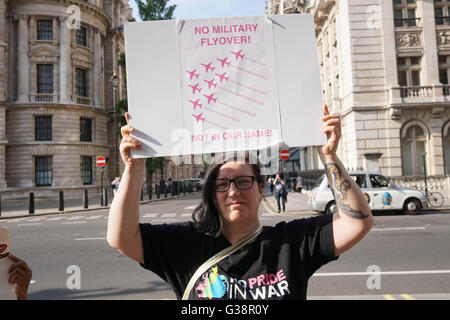 London, UK. 9th June, 2016. Campaigners from LGBTQI group No Pride In War protest outside the Ministry of Defence against BAE systems involvement in and plans for a flypast by the Red Arrows at the Pride Festival. Photo by See Li Stock Photo