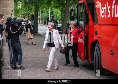 London, UK. 9th June, 2016. Gisela Stuart and Andrea Leadsom arrive on the Vote Leave battlebus at the ITV studios for the EU Referendum debate with Nicola Sturgeon, Angela Eagle and Amber Rudd. Credit:  Mark Kerrison/Alamy Live News Stock Photo