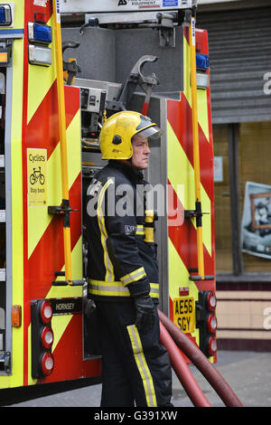 Green Lanes, London, UK. 10th June 2016. Fire engines and crew attend ...