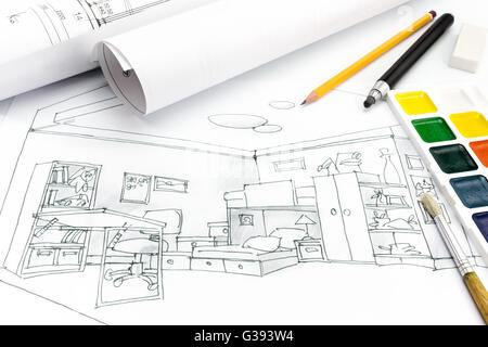 living room plan and drawing tools on a designers desk background Stock Photo