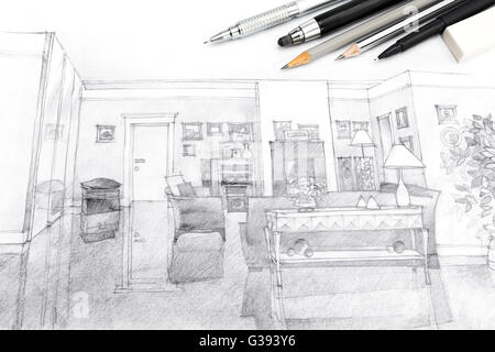 designers creative workspace with architecture hand-drawn sketch in black and white Stock Photo
