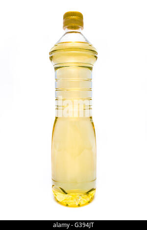 Plastic bottle of sunflower oil isolated on white Stock Photo