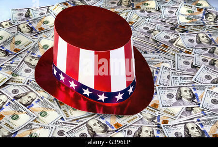 New American Hundred dollar bills under Uncle Sam Hat. Stock Photo