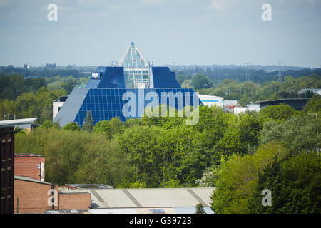 Stockport cooperative coop banking building pyramid   view beyond trees The 'Stockport Pyramid' was designed in 1987 by Manchest Stock Photo