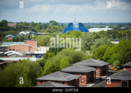 Stockport cooperative coop banking building pyramid   view beyond trees The 'Stockport Pyramid' was designed in 1987 by Manchest Stock Photo