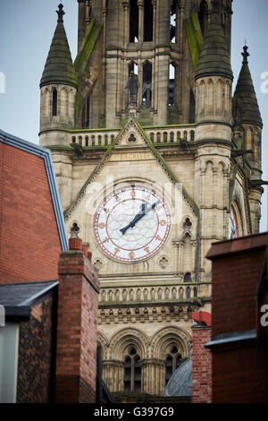 Manchester Town Hall is a Victorian, Neo-gothic municipal building in Manchester, England close op of the clock tower Designed b Stock Photo