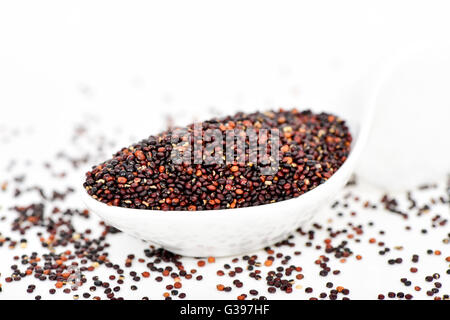 closeup of a white ceramic bowl with black quinoa seeds on a white background Stock Photo