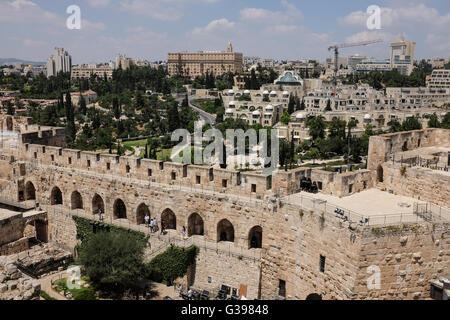 A westward view from the Herodian Phasael Tower atop the Jerusalem Citadel, known as the tower of David, displays west Jerusalem Stock Photo