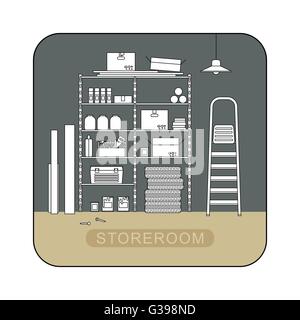 Storeroom interior with metal storage. Stock Vector