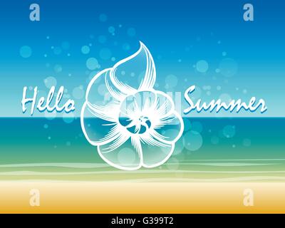Summer time seascape with seashell sign and lettering Hello Summer. Free font used. Stock Vector