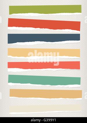 Pieces of torn colorful blank paper are stuck on striped background Stock Vector