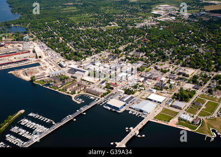 Aerial view of Sturgeon Bay, Wisconsin, it's bridges and shipping channel. Stock Photo