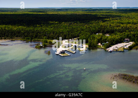 Aerial view of Jackson Harbor, on the northeast side of Washington Island, Door County, Wisconsin. Stock Photo