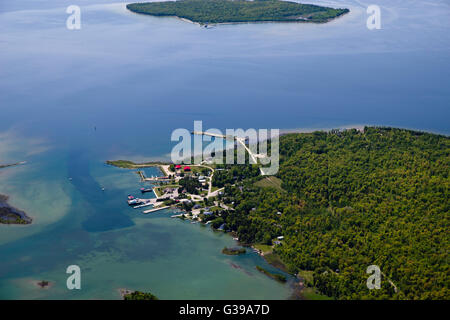 Aerial view of Washington Island, Door County, Wisconsin; Plum Island appears at the top of the photograph. Stock Photo