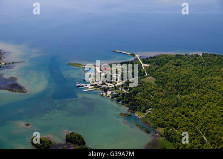 Aerial view of Washington Island, Door County, Wisconsin; Plum Island appears at the top of the photograph. Stock Photo