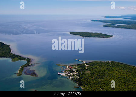 Aerial view of Washington Island, Door County, Wisconsin; Plum Island appears at the top of the photograph. Stock Photo