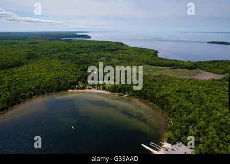 Aerial view of the Nicolet Bay beach area of Peninsula State Park, Door County, Wisconsin, between the towns of Fish Creek and E Stock Photo