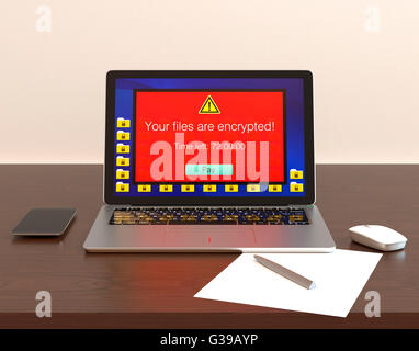 Screen of laptop computer showing alert that the computer was attacked by ransomware. 3D rendering image. Stock Photo