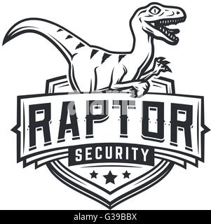 Raptor sport logo mascot design. Vintage college team coat of arms. Military Dino vector logotype template. Airsoft squad t-shirt illustration concept Stock Vector