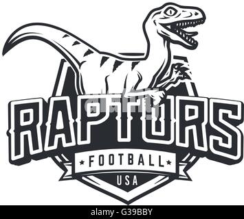 Raptor sport logo mascot design. Vintage college team coat of arms. Dino vector logotype template. Sportswear shop t-shirt illustration concept Stock Vector
