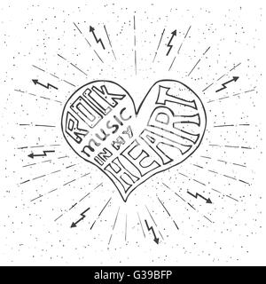 Rock music in my heart. Hand drawn lettering design with heart. Typography concept for t-shirt design or web site. Stock Vector