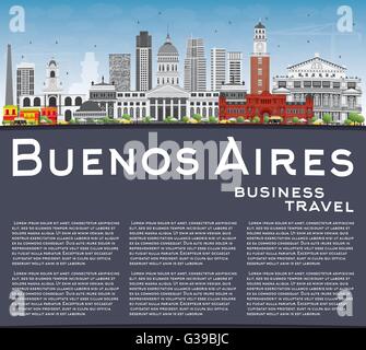 Buenos Aires Skyline with Color Landmarks, Blue Sky and Copy Space. Vector Illustration. Stock Vector