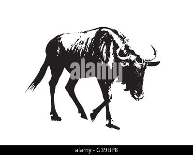 Blue wildebeest - Connochaetes taurinus. Black and white vector graphic. Antelope in picture. Animal scene. Stock Vector