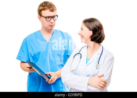 Doctors happy couple posing on a white background in studio Stock Photo