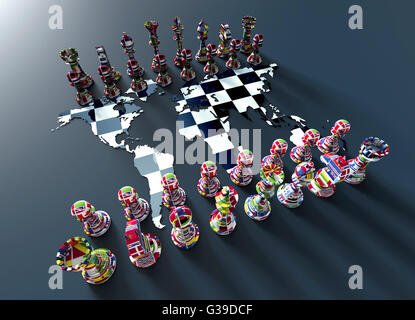 symbol of geopolitics, chess board out of the world map with chess play made of country flags Stock Photo
