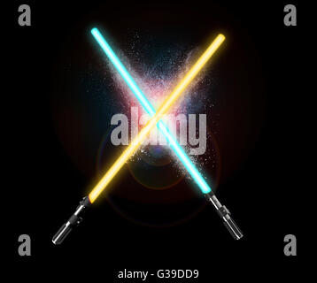 two light sabers crossing together isolated on black. Stock Photo