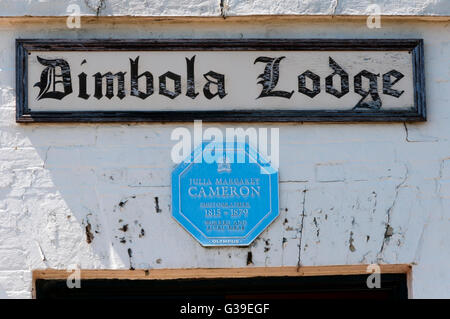 A blue plaque on Dimbola Lodge on the Isle of Wight. The home of the Victorian photographer Julia Margaret Cameron. Stock Photo