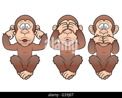 Vector illustration of Cartoon Three Monkeys - see, hear, speak no evil Stock Vector