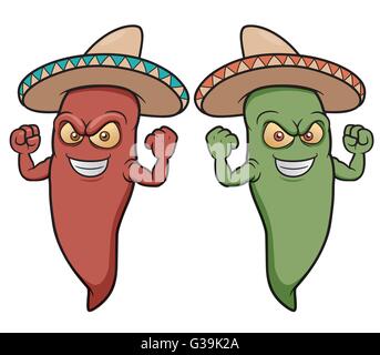 Vector illustration of Cartoon Chili peppers wearing sombreros Stock Vector