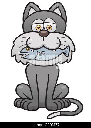 Vector illustration of Cat Cartoon holding fish Stock Vector