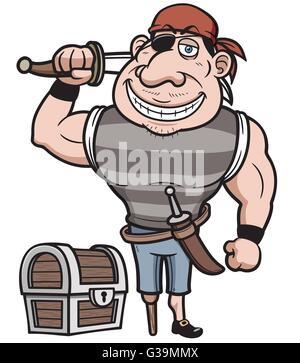 Vector illustration of Pirate with old treasure chest Stock Vector