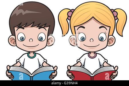 Vector illustration of cartoon boy and girl reading a book Stock Vector