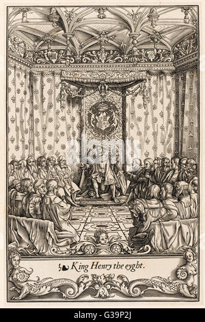 KING HENRY VIII (1491 - 1547) with his councillors, from Grafton's 1548 edition  of Halle's Chronicle Stock Photo