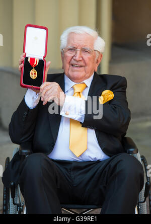 Jack Petchey, 90, after he received a Knighthood from the Prince of Wales for services to young people in east London and Essex through the Jack Petchey Foundation, at an investiture ceremony at Buckingham Palace in London. Stock Photo