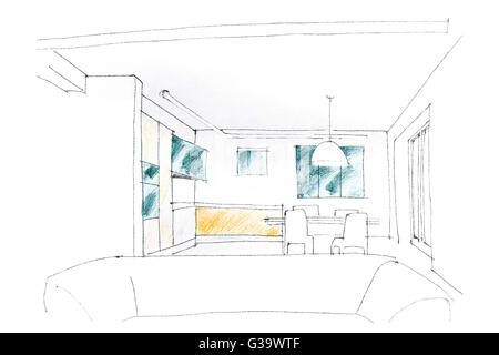 graphical sketch by pencil of an interior living room Stock Photo