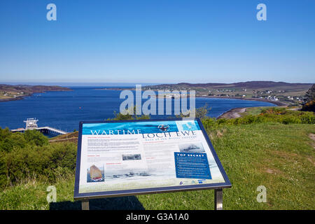 Tourist information board above the NATO refuelling depot on Loch Ewe. Aultbea, Ross and Cromarty, Scotland. Stock Photo