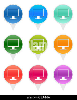 Colorful rounded icons for markers on maps with computer symbol Stock Photo