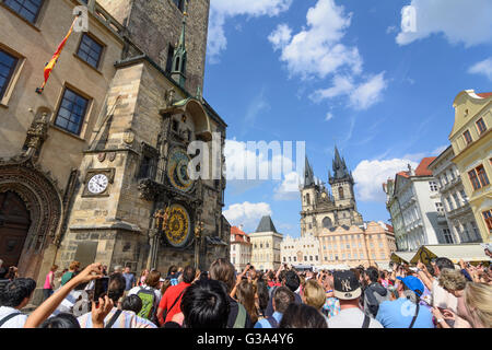 Old Town Square with Astronomical Clock on Old Town Hall and Tyn Church, Czech Republic, Praha, Prag, Prague, , Praha (Prag), Pr Stock Photo