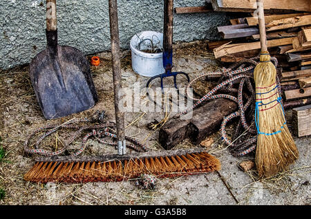 Yard and Garden Tools. Shovel, broom, rake Stock Photo