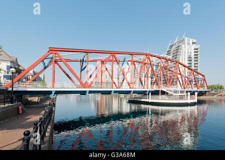 The Detroit Bridge footbridge spans the width of Dock 9 (Huron and Erie Basin) at Salford Quays in Greater Manchester.