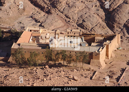 View from Mount Sinai down to the Saint Catherines Monastery, Sinai, Egypt Stock Photo