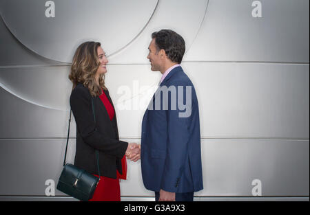 Corporate businessman and businesswoman handshaking Stock Photo