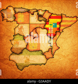 aragon region on administration map of regions of spain with flags and emblems Stock Photo